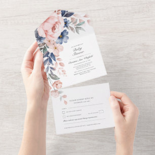 Invitación Todo En Uno Moderna acuarela floral color rosa azul Baby Showe