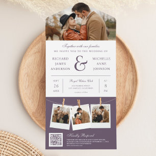Invitación Todo En Uno Moderna Ampersa Púrpura y Foto Boda de código QR