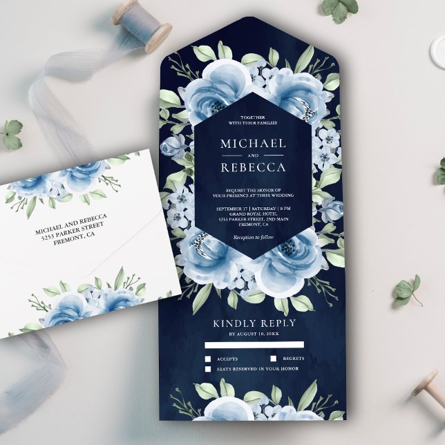 Invitación Todo En Uno Moderna Boda azul de la Marina de Flores Azul (Subido por el creador)