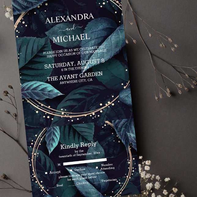 Invitación Todo En Uno Moderna boda de destino tropical verde esmeralda (Subido por el creador)
