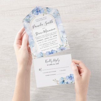 Invitación Todo En Uno Moderna boda de jardín floral azul con RSVP