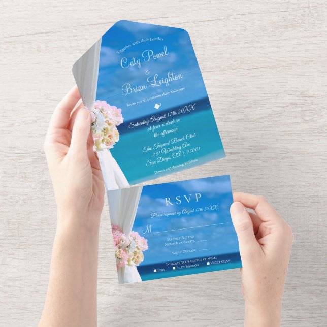 Invitación Todo En Uno Moderna Boda de verano de Floral Ocean Beach (desgarro)
