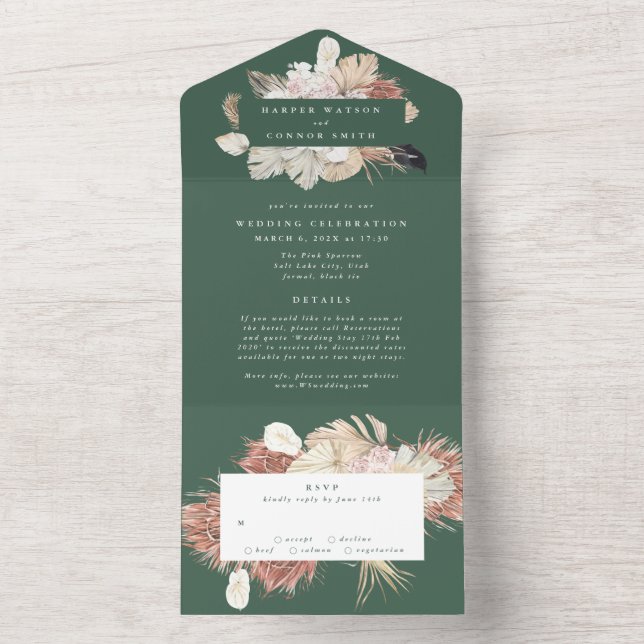 Invitación Todo En Uno Moderna Boda verde esmeralda premium pampas (Interior)