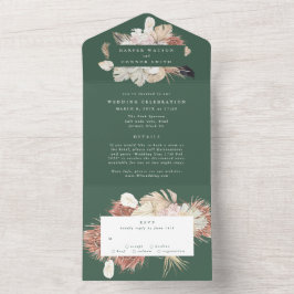Invitación Todo En Uno Moderna Boda verde esmeralda premium pampas