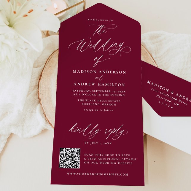 Invitación Todo En Uno Moderna caligrafía elegante Boda de Borgoña (Subido por el creador)