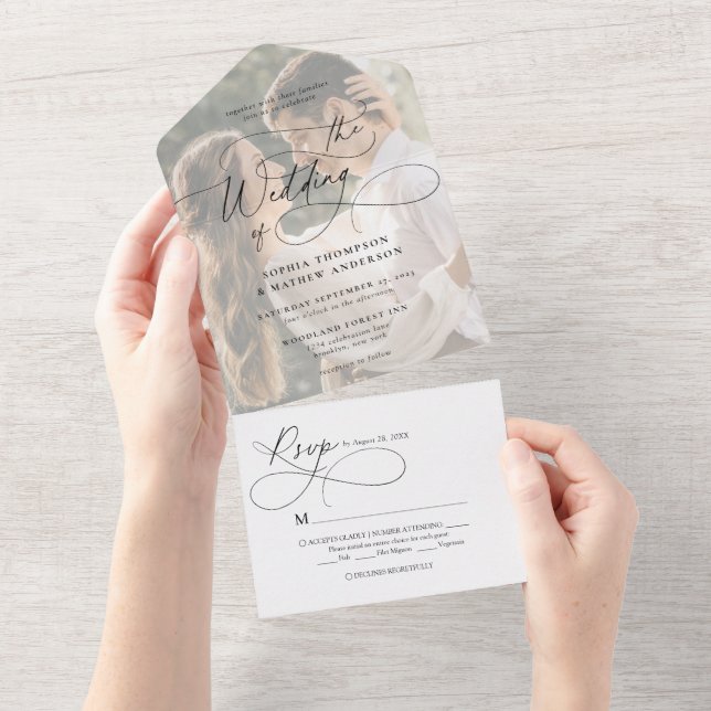Invitación Todo En Uno Moderna caligrafía floreciente Boda fotográfico bl (desgarro)