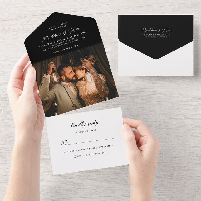 Invitación Todo En Uno Moderna Caligrafía Negra Foto Boda Rsvp (Subido por el creador)