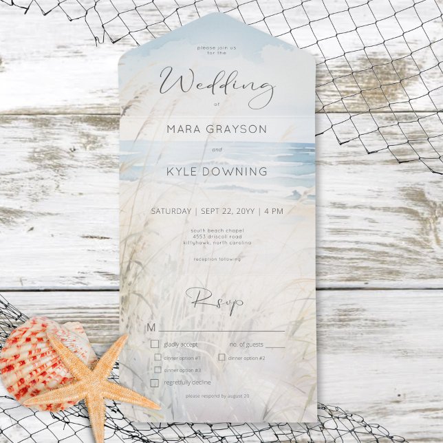 Invitación Todo En Uno Moderna Cena acuática playera (Modern Seaside Watercolor Beach Dinner All In One Invitation)