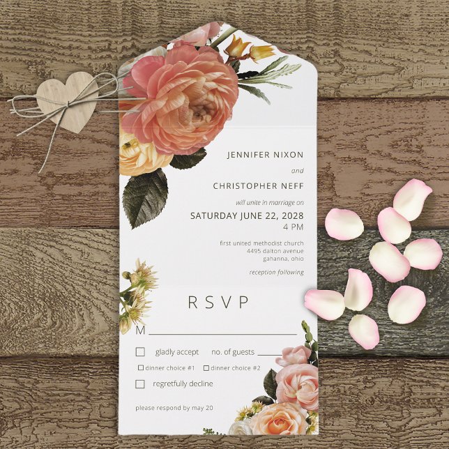 Invitación Todo En Uno Moderna Cena blanca de Peach Mimosa Floral (Subido por el creador)