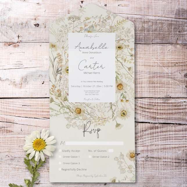 Invitación Todo En Uno Moderna Cena floral de Daisies Secos Rústicos (Modern Rustic Dried Daisies Floral Dinner All In One Invitation)