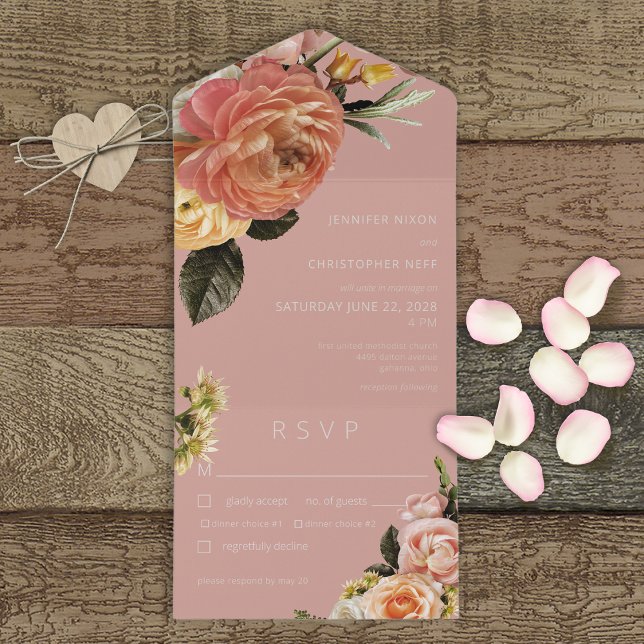 Invitación Todo En Uno Moderna Cena Peach Mimosa Floral Rosa (Subido por el creador)