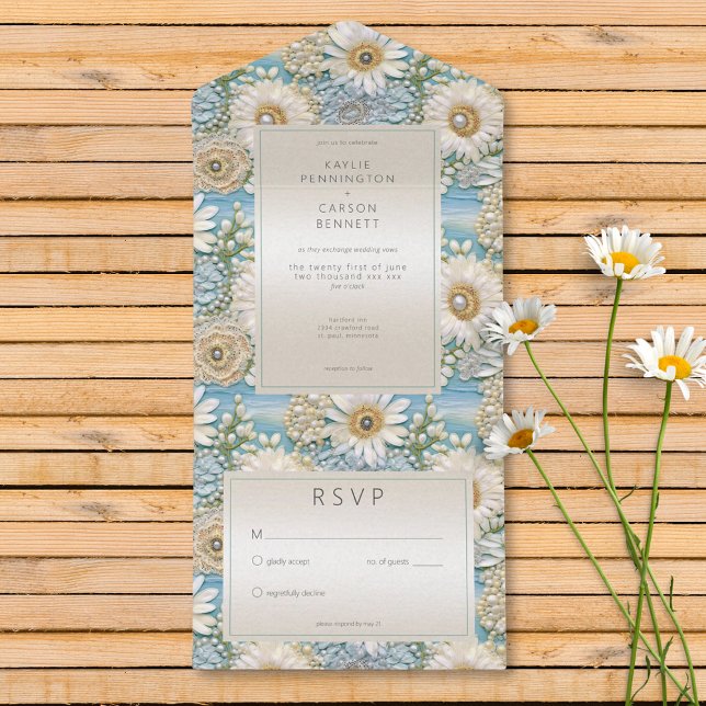 Invitación Todo En Uno Moderna Daisy Satin & Pearls Relief No Hay Cena (Modern Daisy Satin & Pearls Relief No Dinner All In One Invitation)