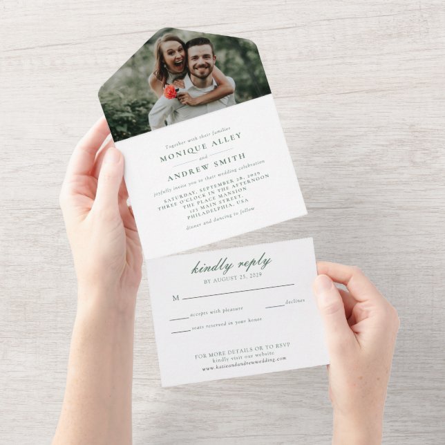 Invitación Todo En Uno Moderna Elegante Foto Boda Verde Script (desgarro)