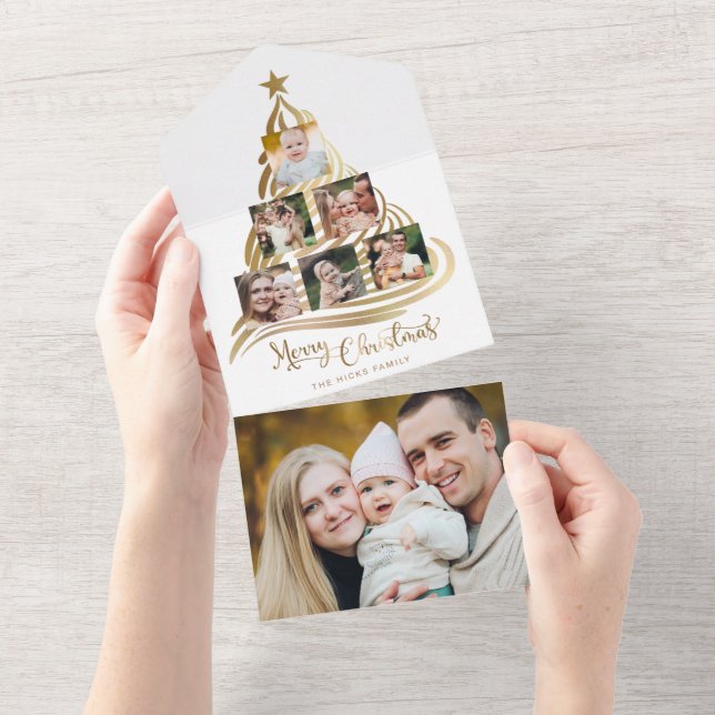 Invitación Todo En Uno Moderna Faux Gold Christmas Tree Family Multiphoto (desgarro)