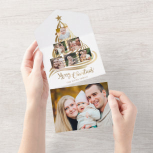 Invitación Todo En Uno Moderna Faux Gold Christmas Tree Family Multiphoto
