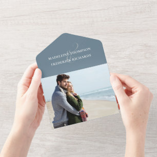 Invitación Todo En Uno Moderna foto azul turbulenta Código QR Minimalista