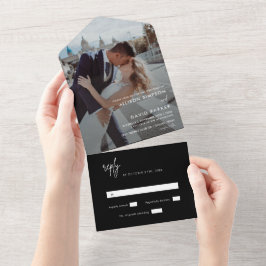 Invitación Todo En Uno Moderna foto simple Boda negra sin menú