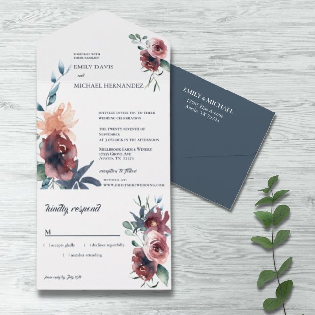 Invitación Todo En Uno Moderna Marina Borgoña Floral Rubor (Subido por el creador)
