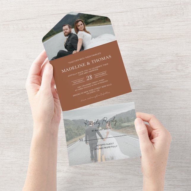 Invitación Todo En Uno Moderna Terracota 2 Foto Boda RSVP (desgarro)