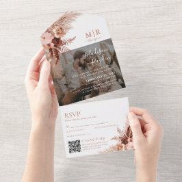 Invitación Todo En Uno Moderna Terracota Rústica Foto Boda de código QR
