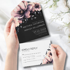 Invitación Todo En Uno Moderna y elegante acuarela Floral Boda rosa