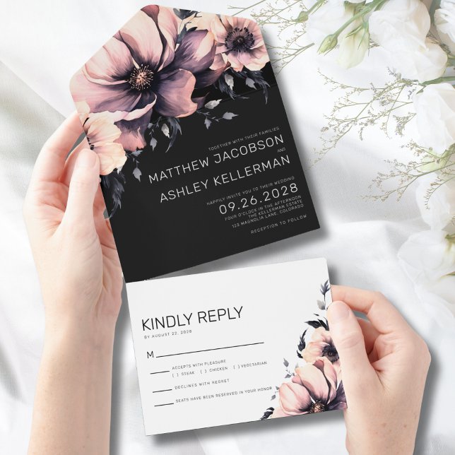Invitación Todo En Uno Moderna y elegante acuarela Floral Boda rosa (Modern Elegant Watercolor Floral Pink Wedding All in One Invitation)