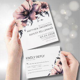 Invitación Todo En Uno Moderna y elegante acuarela Rubor Floral rosa