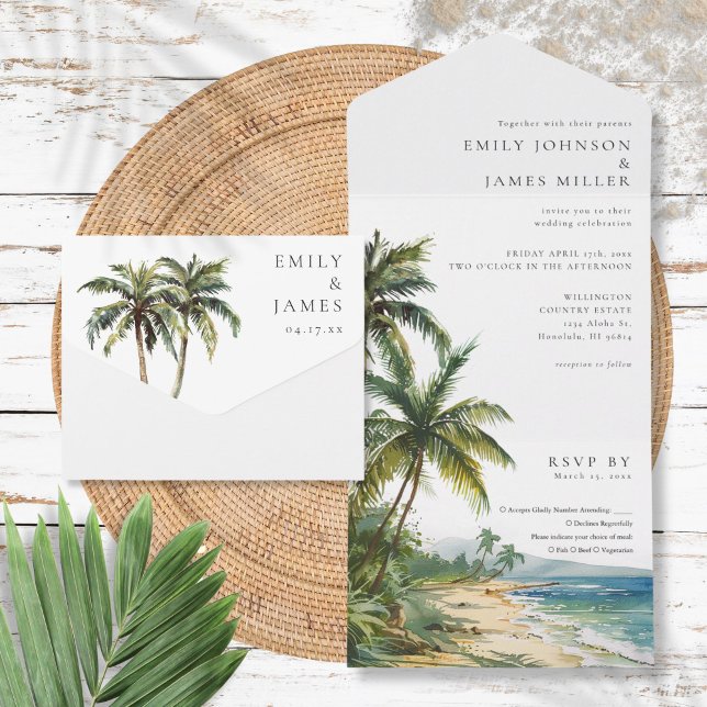 Invitación Todo En Uno Moderna y elegante acuarela Tropical Beach Wedding (Modern Elegant Watercolor Tropical Beach Wedding All In One Invitation)