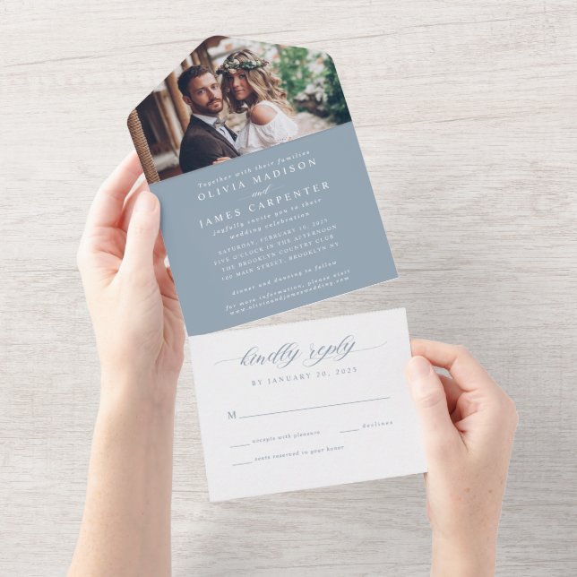 Invitación Todo En Uno Moderna y elegante Boda RSVP de foto azul turquesa (desgarro)