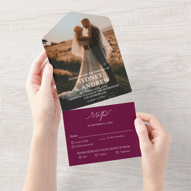 Invitación Todo En Uno Moderna y elegante Boda RSVP de fotografía borgoño (desgarro)