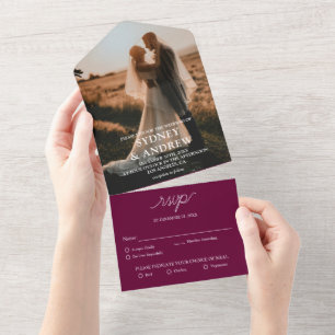 Invitación Todo En Uno Moderna y elegante Boda RSVP de fotografía borgoño