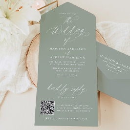 Invitación Todo En Uno Moderna y elegante caligrafía Sage Green Boda
