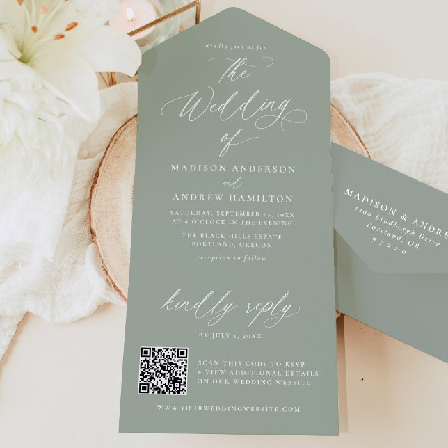 Invitación Todo En Uno Moderna y elegante caligrafía Sage Green Boda (Subido por el creador)