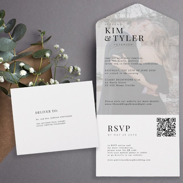 Invitación Todo En Uno Moderna y elegante foto en blanco boda QR RSVP (Subido por el creador)