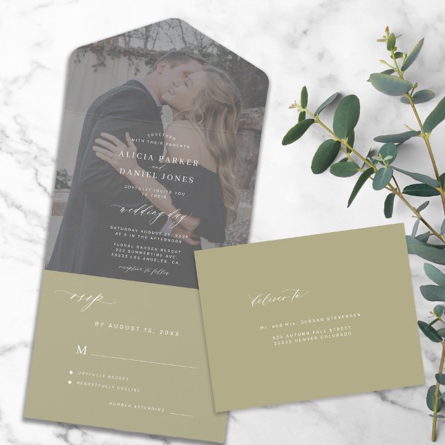 Invitación Todo En Uno Moderna y elegante foto sage boda verde RSVP (Subido por el creador)