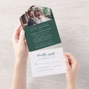 Invitación Todo En Uno Moderna y elegante foto verde esmeralda Boda RSVP
