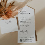 Invitación Todo En Uno Moderna y Minimalista | Código QR Boda<br><div class="desc">Estas elegantes invitaciones todo en uno boda en blanco y negro son sencillas y minimalistas, aunque muy elegantes, gracias a la escritura manuscrita moderna y al diseño depurado. Se incluye una tarjeta rsvp desmontable, que sirve como combinación tradicional rsvp que tu huésped puede devolver, así como un código QR para...</div>