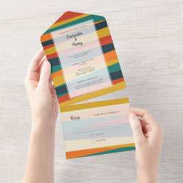 Invitación Todo En Uno Modernas audaces franjas coloridas Verde azulado B