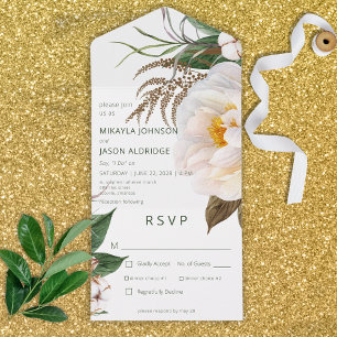 Invitación Todo En Uno Modernas poetas blancas florales en la cena blanca