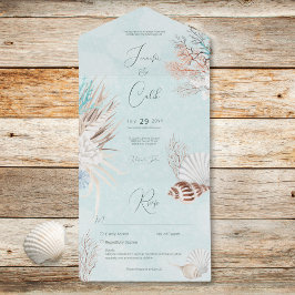 Invitación Todo En Uno Moderno Aqua Ocean Shells sin Boda de cena