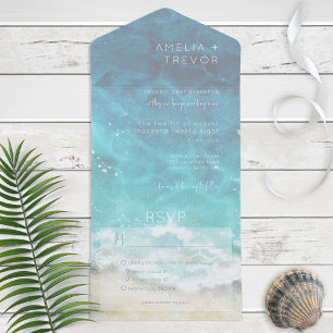 Invitación Todo En Uno Moderno Aqua Watercolor Beach & Sea Dinner