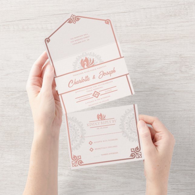 Invitación Todo En Uno Moderno Art Deco Cisne Rosa Rubor Boda rosa (desgarro)
