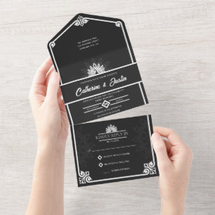 Invitación Todo En Uno Moderno Art Deco Peacock Blanco y Negro Boda