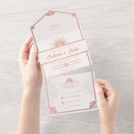 Invitación Todo En Uno Moderno Art Deco Peacock Rubor Rosa Boda Rosa