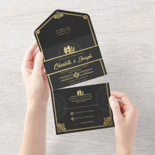 Invitación Todo En Uno Moderno Art Deco Swan Gold y Black Boda