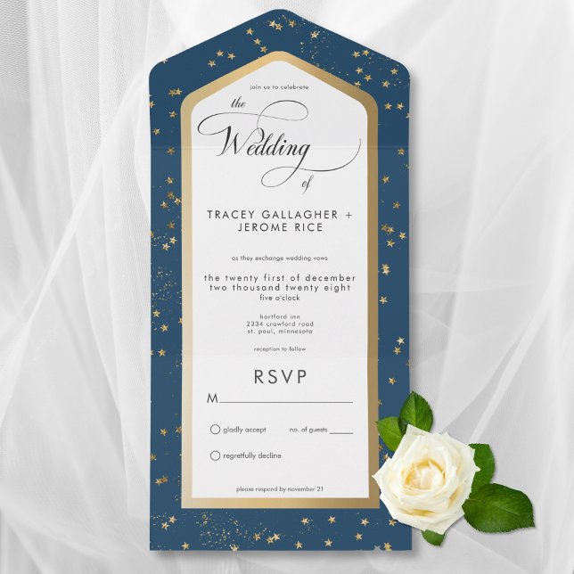 Invitación Todo En Uno Moderno Blue & White Starry Gold No Dinner (Modern Blue & White Starry Gold All In One Wedding Invitation without Dinner Options)