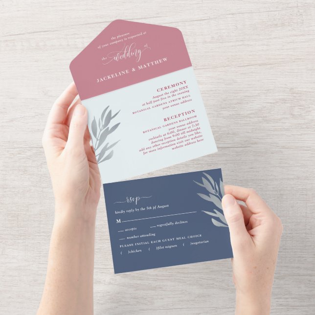 Invitación Todo En Uno Moderno Boda Berry y Blue con RSVP Perforado (desgarro)