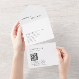 Invitación Todo En Uno Moderno Boda blanco negro blanco QR Código elegant
