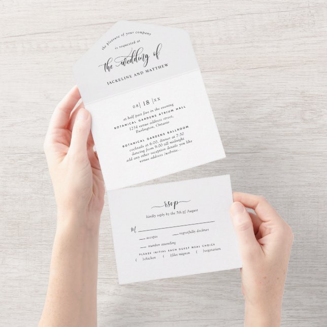 Invitación Todo En Uno Moderno Boda blanco y negro con RSVP Perforado  (desgarro)