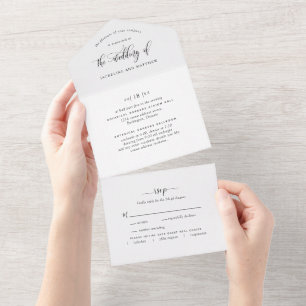 Invitación Todo En Uno Moderno Boda blanco y negro con RSVP Perforado